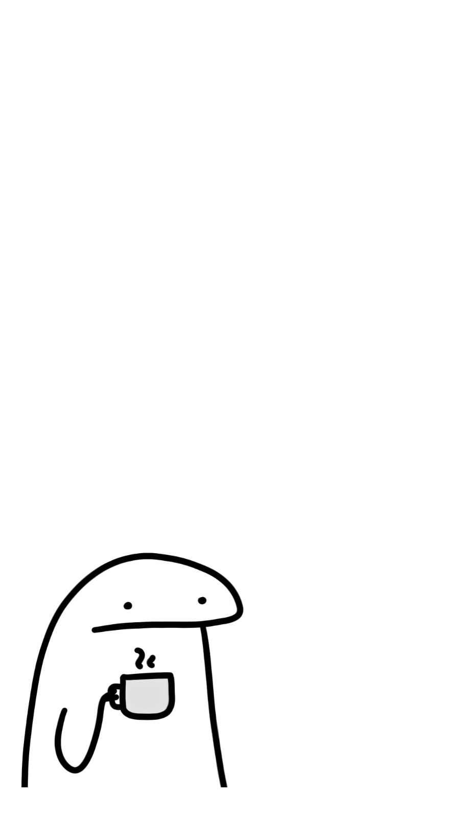 Minimalist line art cartoon character holding a steaming cup