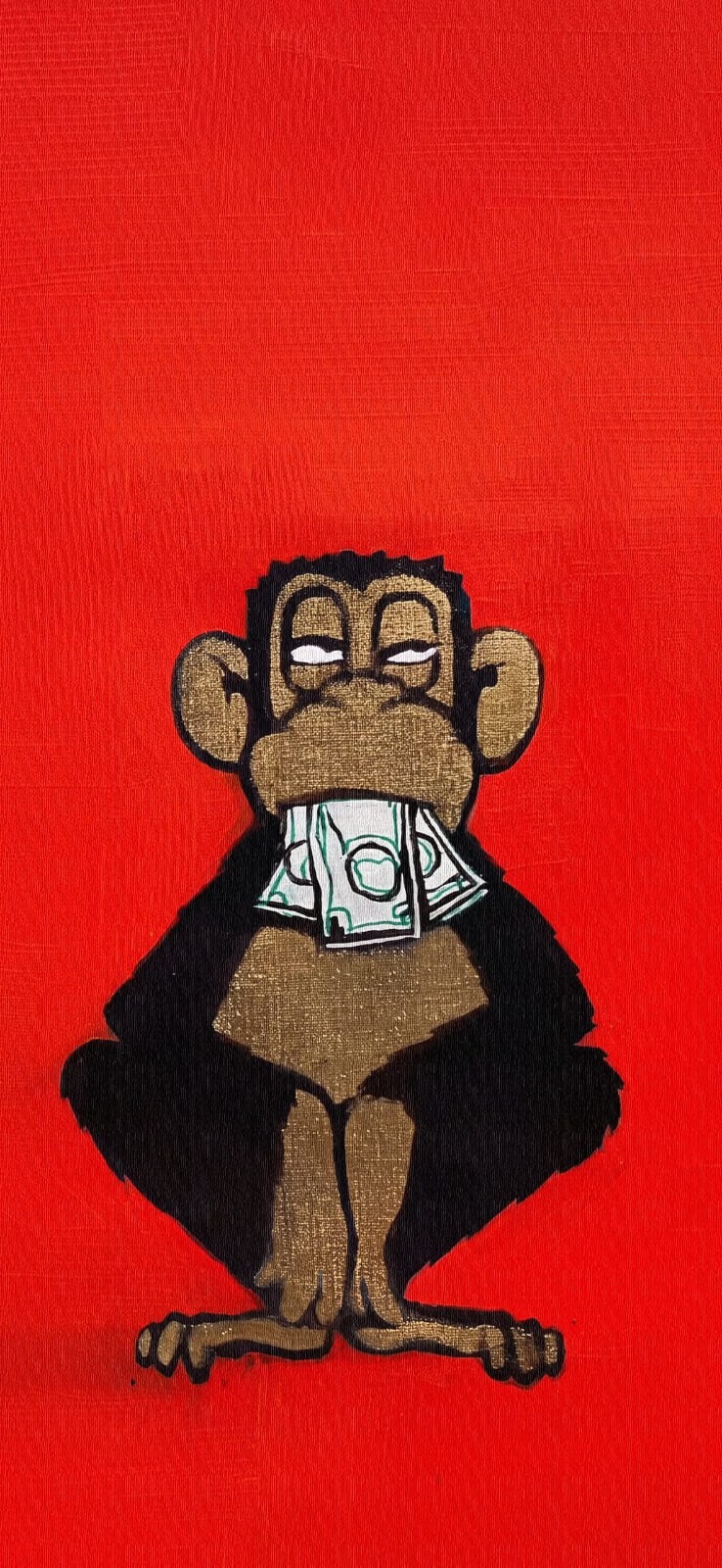 Cartoon monkey holding dollars in mouth on red background
