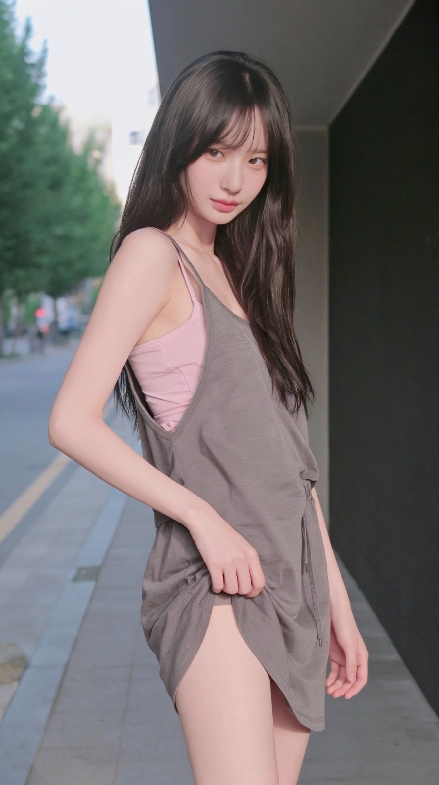 Young woman with long hair wears pink camisole top and gray-brown slit camisole dress in outdoor street style photo