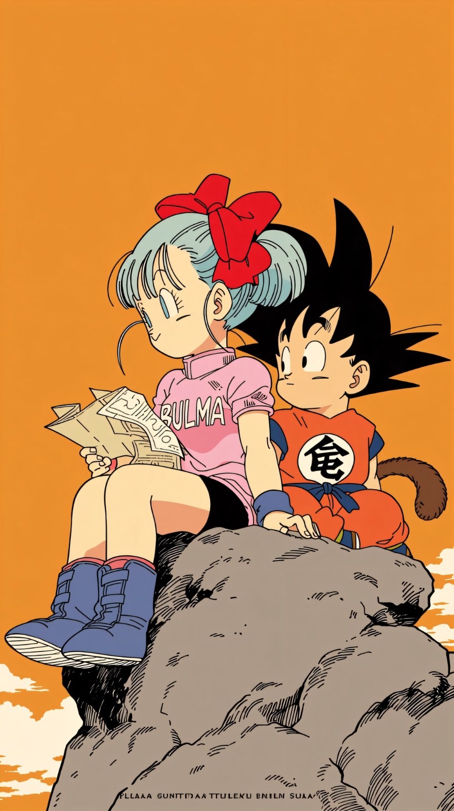 Zwei Anime-Kinder auf einem Felsen mit Karte