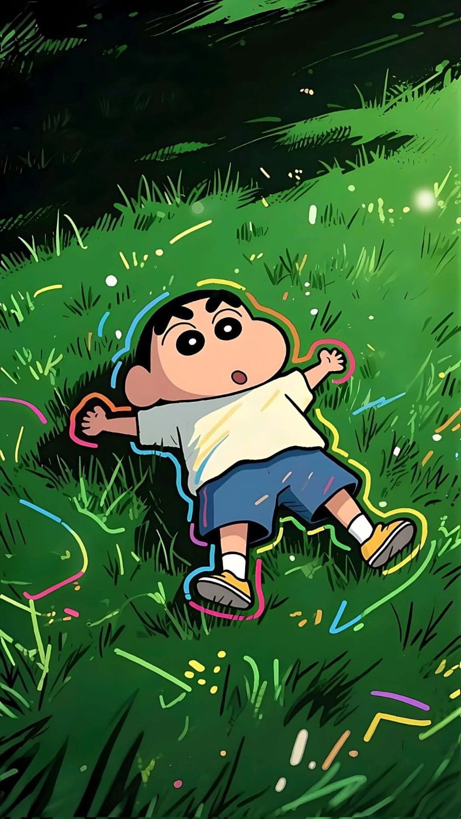 Cartoon boy with round face and thick eyebrows lies on green grass wearing white shirt blue shorts and yellow shoes