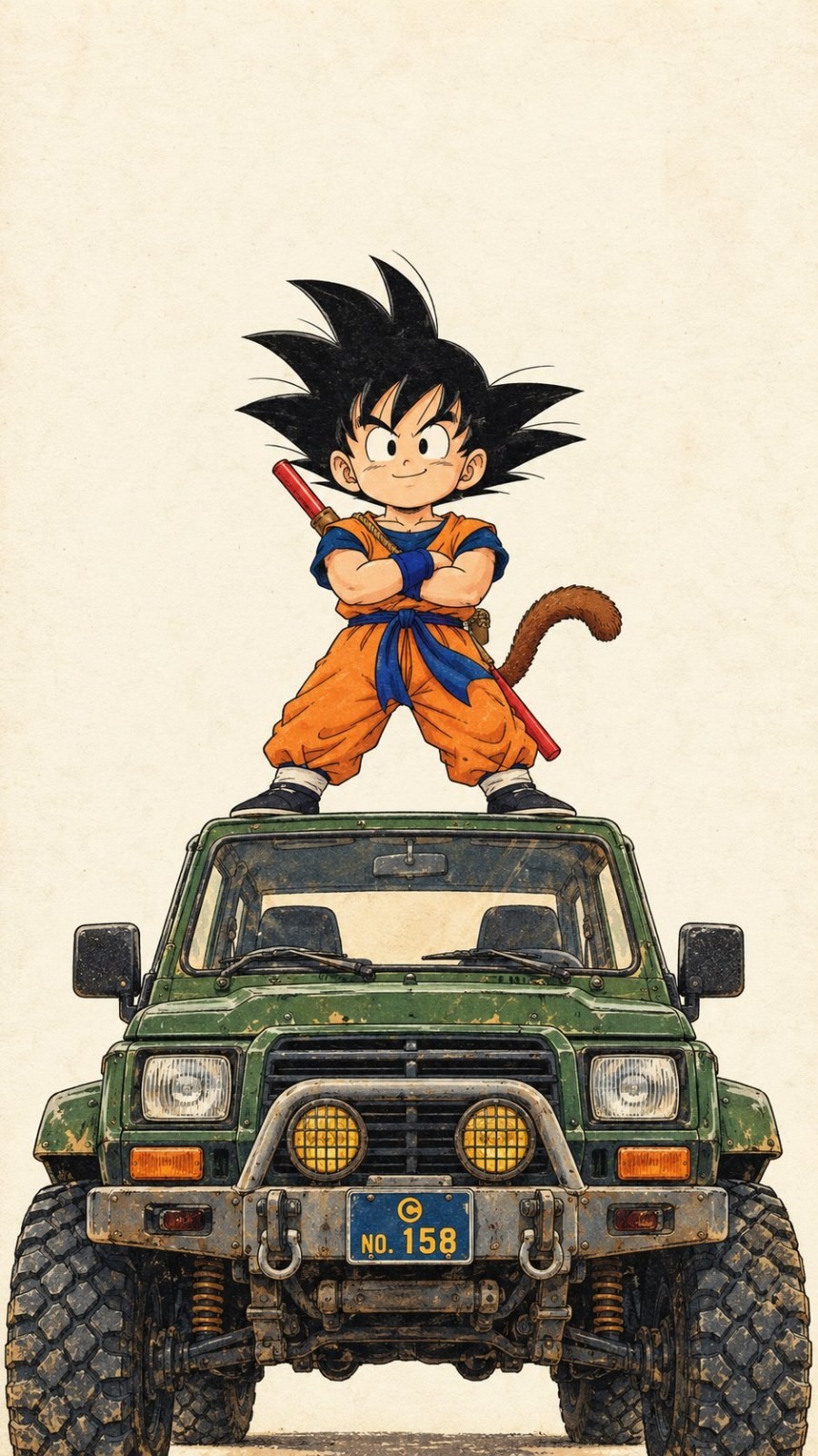 A boy in an orange martial arts uniform is standing on the roof of a military green off-road vehicle