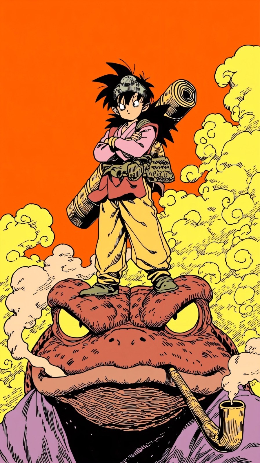A black-haired boy in pink top and yellow pants stands atop a giant toad's head
