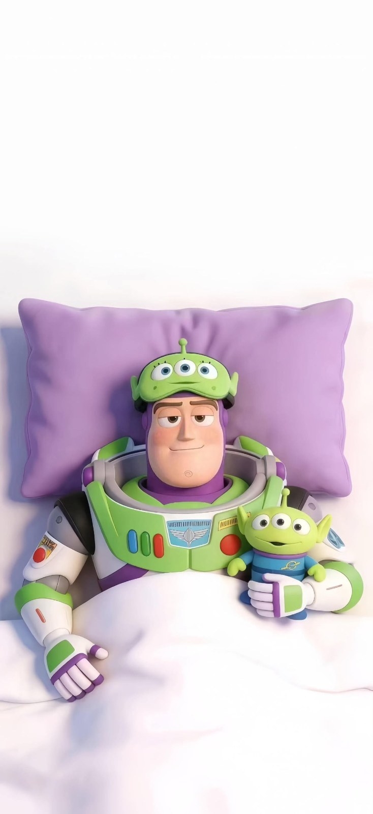 An animated character in a green, white, and purple spacesuit lies on a bed, wearing a green eye mask with three cartoon eyes and hugging a three-eyed green alien plush
