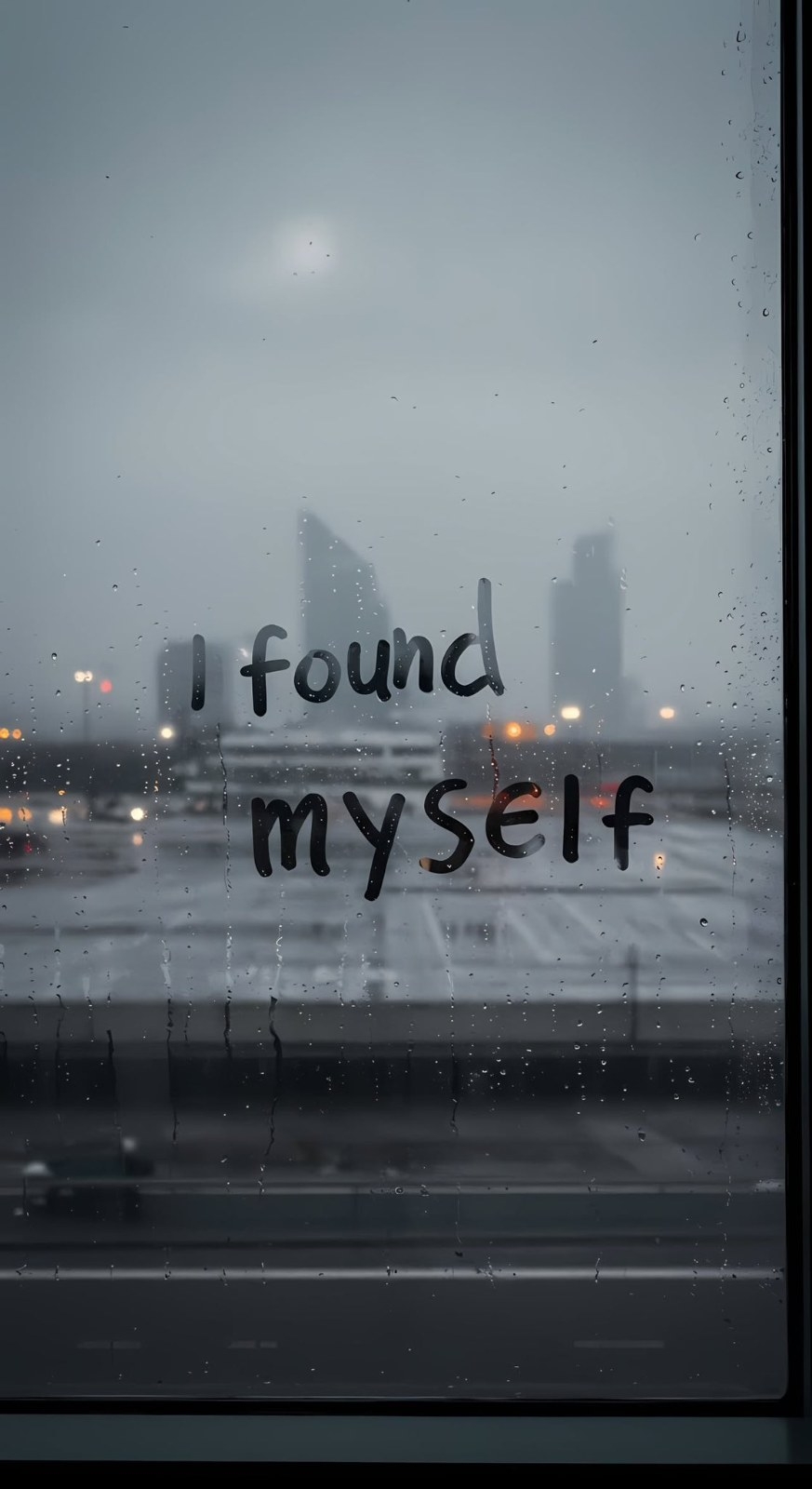 I found myself escrito em janela chuvosa
