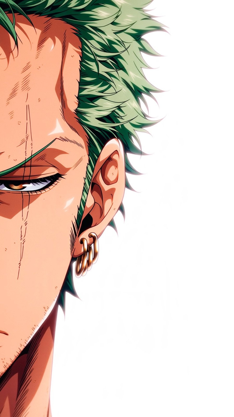Gros plan sur un demi-visage de personnage anime masculin aux cheveux verts avec trois anneaux dorés, œil ambré et cicatrice sur la joue