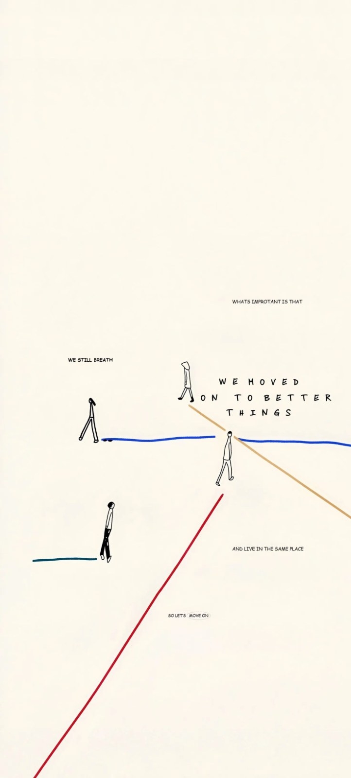 Minimalist artwork of hand-drawn figures walking on curves and lines
