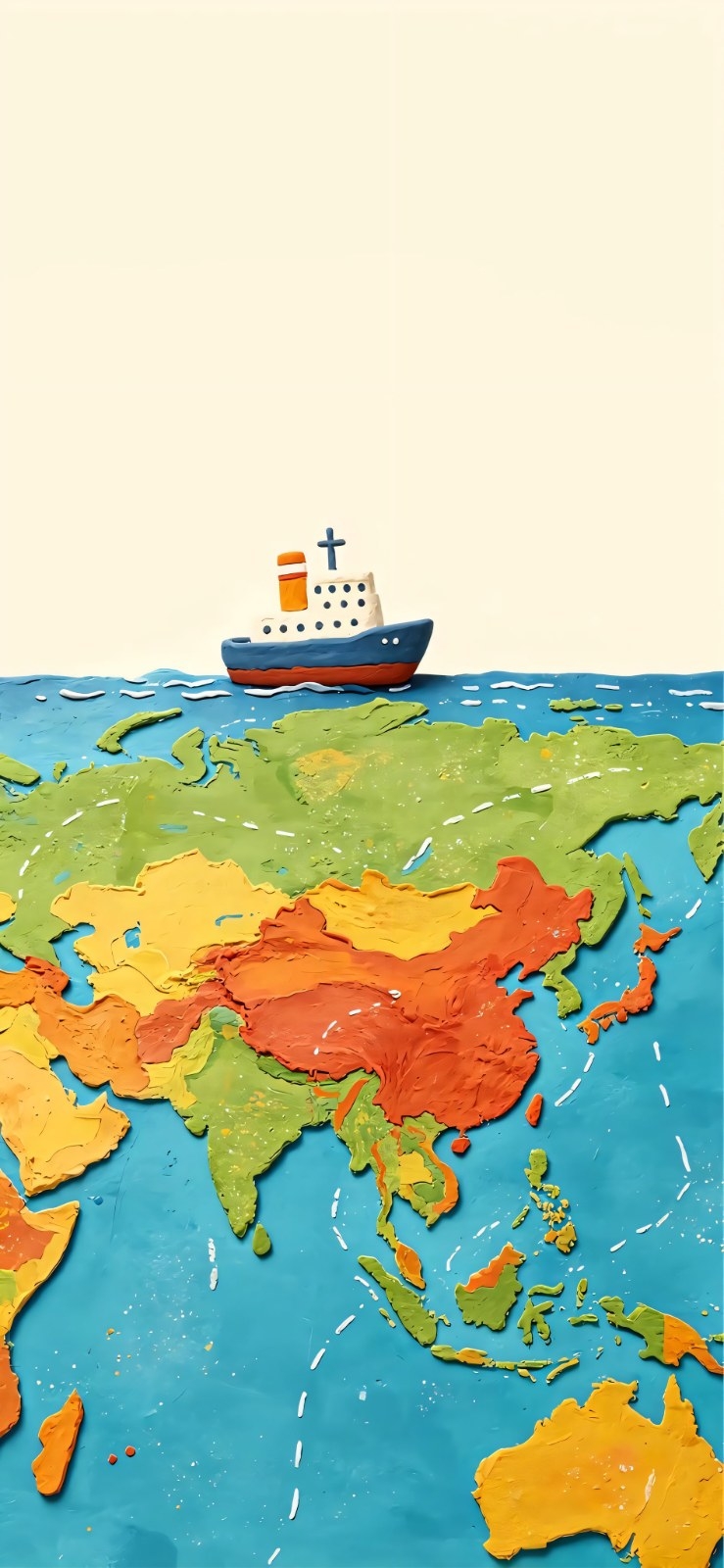 Clay-textured 3D world map section featuring Asia in a playful style
