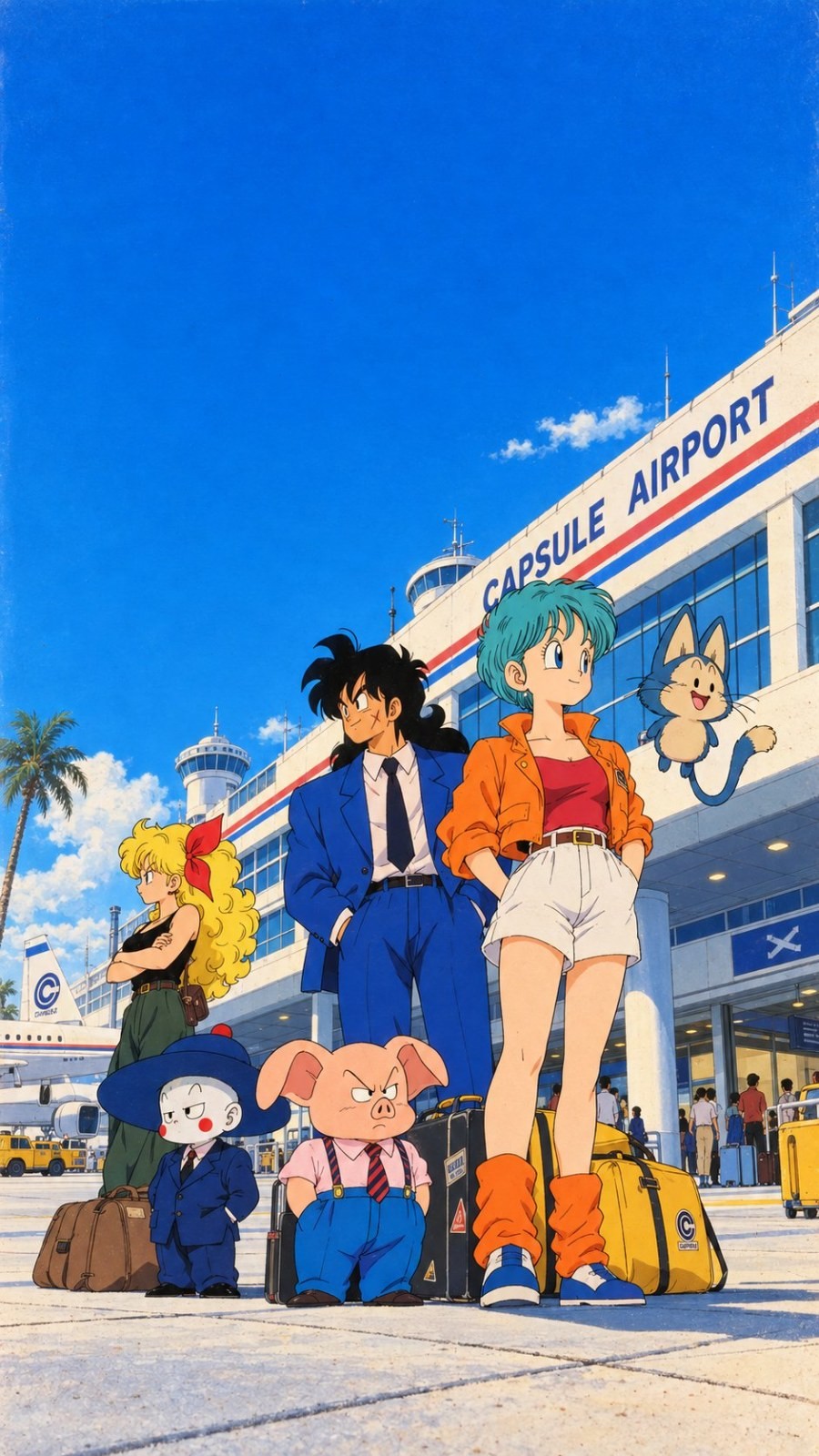 一群動畫角色在CAPSULE AIRPORT前聚集
