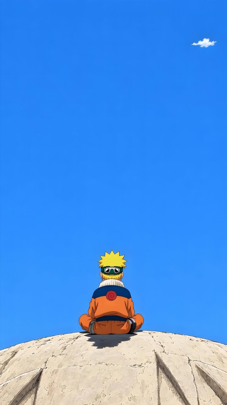 A blonde character in an orange jumpsuit sits atop a stone structure gazing at the blue sky